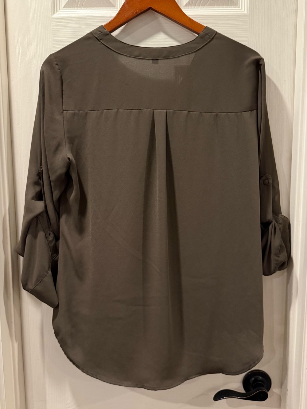 Express Olive Button-Front V-Neck Blouse with set buttons. - Picture 2 of 2